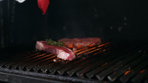 Twee sneetjes van vlees van verschillende mate van bereidheid liggen op de grill — Stockvideo