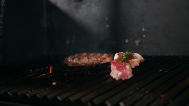 Nahaufnahme von zwei Scheiben Fleisch, die auf dem Grill liegen — Stockvideo