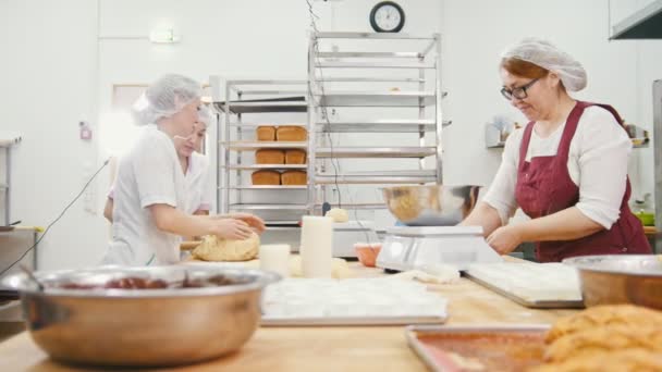 The employees women in the bakery makes fresh bread — Stock Video