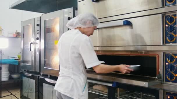 Hornos femeninos en la cocina comercial - mujer pone hornear en el horno — Vídeo de stock