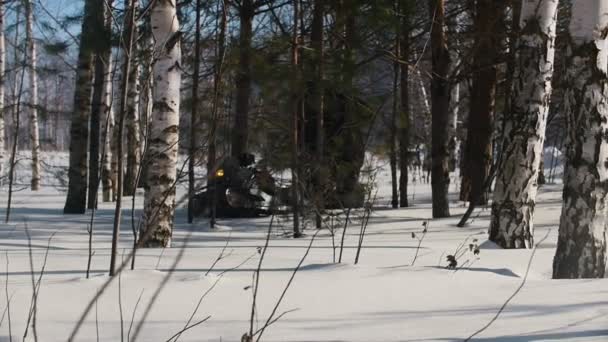 Человек маневрирует на мини-снегоходе в глубоких снежных заносах в лесу между деревьями — стоковое видео
