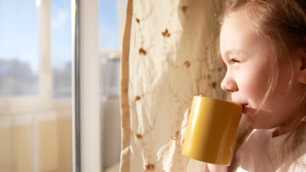 Mała dziewczynka pije herbatę w pobliżu windoe o wschodzie słońca — Wideo stockowe