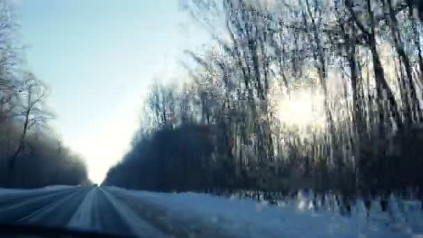 明るい日当たりの良い冬の道路上の移動車の窓からの眺め — ストック動画