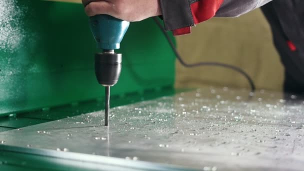Industrial drilling machine - drills metal, slow-motion — Stock Video
