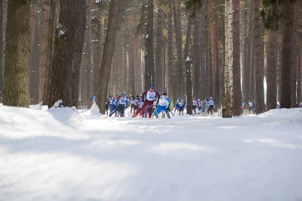 КАЗАН, РОССИЯ - Март 2018: Лыжники бегут марафон в зимних лесах — стоковое фото