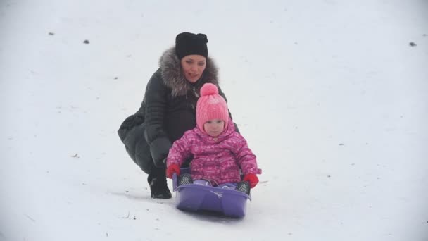 Mutter schlittert mit ihrer kleinen hübschen Tochter auf einem Schlitten in einem Winterpark — Stockvideo