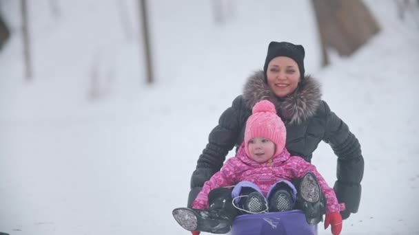 Mamma strisciare la sua piccola bella figlia su una slitta in un parco invernale — Video Stock