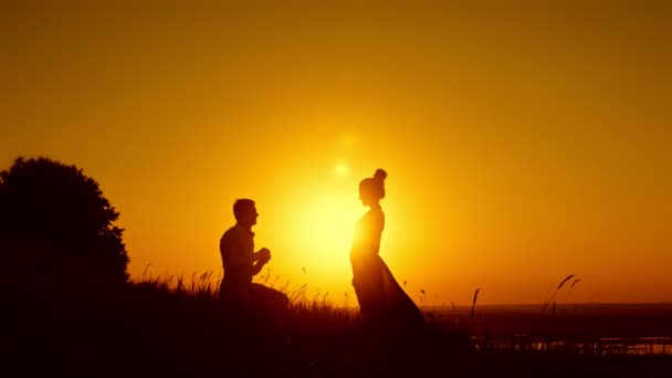 Romantic Silhouette of Man Getting Down on his Knee and Proposing to Woman on summer meadow - Couple Gets Engaged at Sunset - Man Putting Ring on Girls Finger — Stock Video