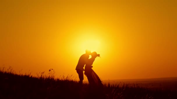 Любящая пара - смелый молодой человек и красивая девушка стоит на летнем лугу на закате и обнимаются и целуются, силуэт — стоковое видео
