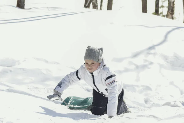 Kleines Mädchen Teenager in einem Winter sonnigen Wald mit Schlitten — Stockfoto
