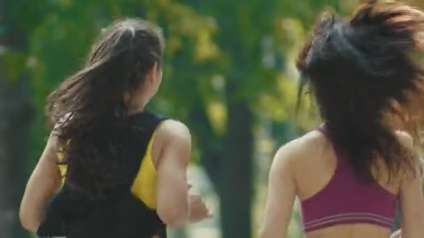 Las mujeres jóvenes están corriendo en el parque en la mañana de verano, vista trasera — Vídeo de stock