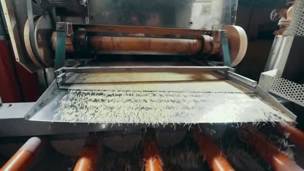 Макаронная продукция прокатка на конвейере на макаронной фабрике, замедленная съемка — стоковое видео