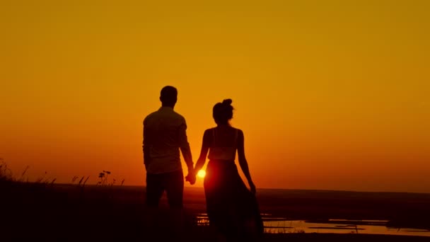 Verliefde paar bij zonsondergang - jonge man en mooi meisje zomer weide bedraagt en op zoek naar zon, silhouet — Stockvideo