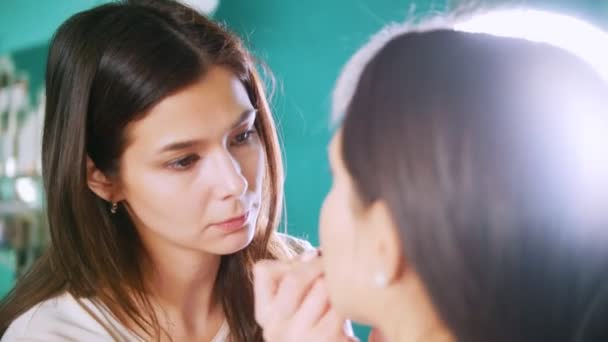 プロのスタイリストの女性の美容室で鏡の前で若い女性のためのメイクアップ — ストック動画