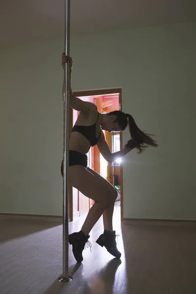 Sexy pole dancer donna silhouette danza in studio — Foto Stock