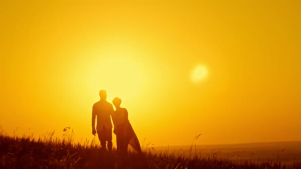 Lief paar - jongeman en mooi meisje lopen bij zonsondergang weide - silhouet — Stockvideo