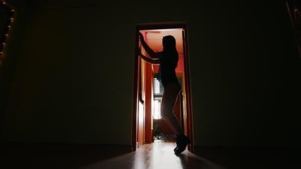 Silhouet dansende vrouw met lange haren in de donkere kamer — Stockvideo