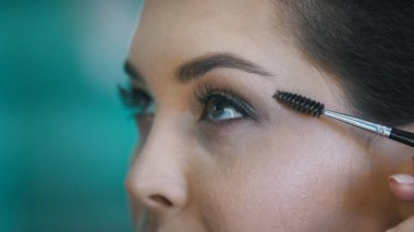 Visage gözler için yapım genç siyah saçlı kadın - Güzellik Salonu Makyaj süreci