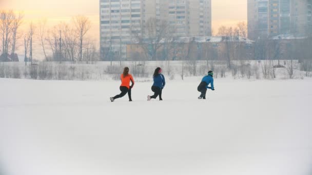 Grupa sportowców rozgrzewka i rozciąganie przed treningiem w zimowym lesie — Wideo stockowe