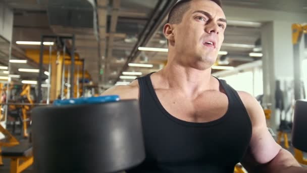 Bodybuilding στο γυμναστήριο - αθλητικό νεαρός εκτελεί κατάρτισης για βραχίονα με αλτήρες — Αρχείο Βίντεο