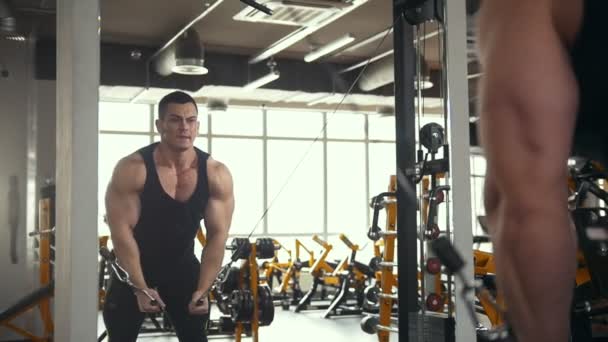 Entrenamiento de levantador de pesas en el gimnasio: un joven musculoso realiza entrenamiento para bíceps cerca del espejo — Vídeos de Stock