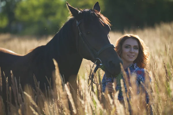 Retrato de uma jovem mulher e cavalo no prado no verão ensolarado — Fotografia de Stock