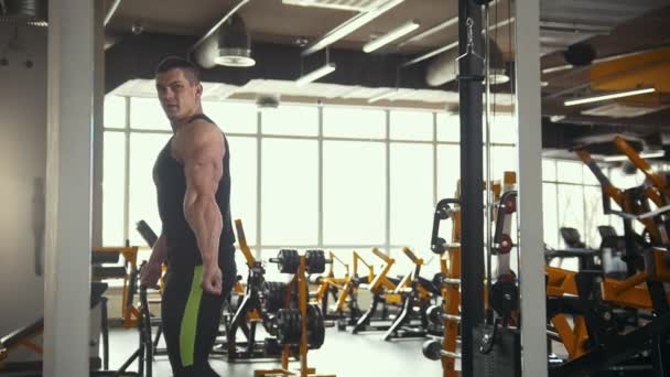 Muskulös bodybuilder framför en spegel i träningspass rum — Stockvideo