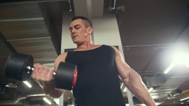 Lekkoatletycznego młody człowiek szkolenia jego biceps z hantlami w siłowni — Wideo stockowe