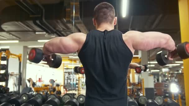 Πίσω μέρος της Αθλητικός άνδρας σηκώνει ένα αλτήρες σε ένα δωμάτιο workout — Αρχείο Βίντεο