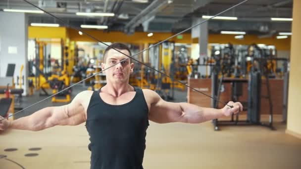 Giovane uomo muscolare a allenamento con i pesi in una sala di allenamento — Video Stock