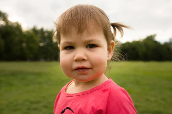 Linda niña pequeña en vestido rosa jugando en el parque frente a la hierba verde — Foto de Stock