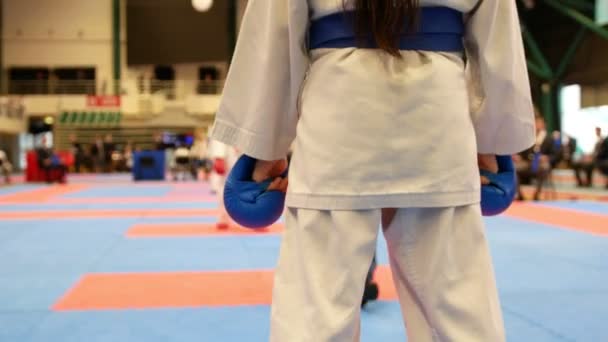 Sports teenagers - kid sportsmen at karate tatami - ready for fight — Stock Video