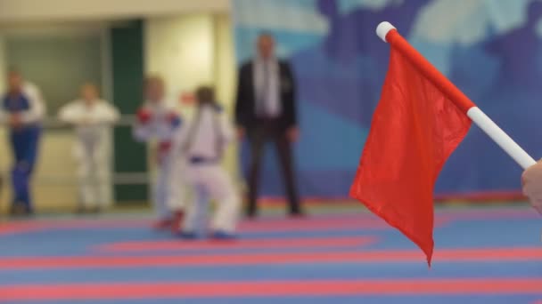 Vörös zászló előtt tinédzser lányok harcok a karate versenyen — Stock videók