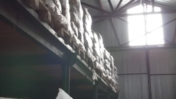 Hyllor med kartonger i ett lagerställe för lagring mat — Stockvideo