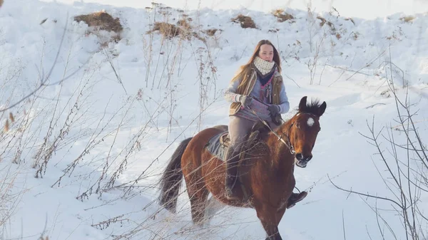 美丽的长毛女人骑着棕色的马通过深雪堆在福斯特 — 图库照片