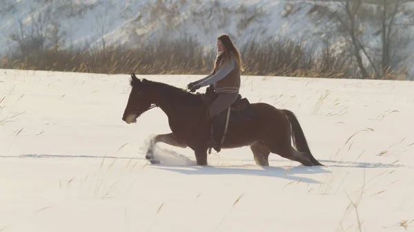 Desporto equestre - mulher cavaleiro no cavalo galopando no campo nevado — Fotografia de Stock