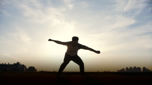 Lassú mozgású - fiatal férfi Parkour tricker jumper végez csodálatos fejtetőre előtt a nap — Stock videók