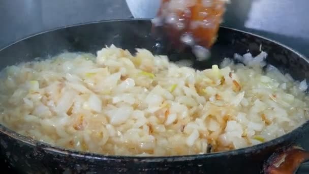 Hackad lök stekt i vegetabilisk olja i pannan i köket — Stockvideo