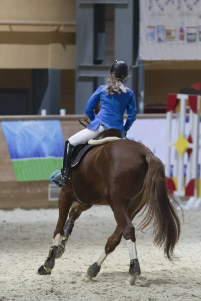 Visão traseira do cavaleiro equestre correndo em garanhão na competição — Fotografia de Stock