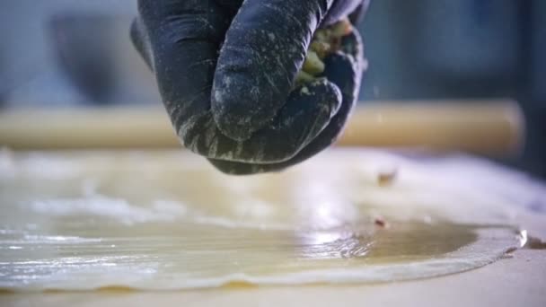 Frutos frescos de strudel de maçã - produtos de padaria na massa de farinha — Vídeo de Stock