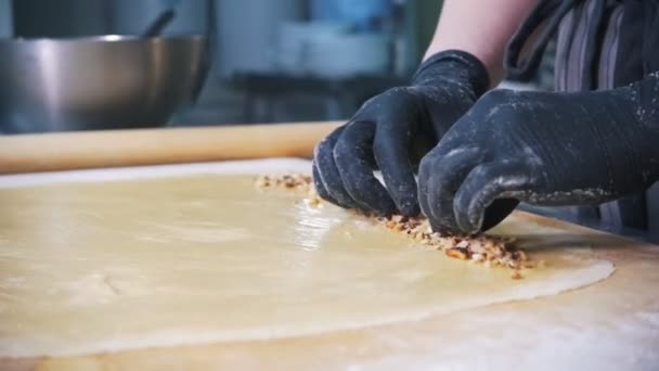 Cook kvinna förbereder färska frukter för Apfelstrudel på degen — Stockvideo