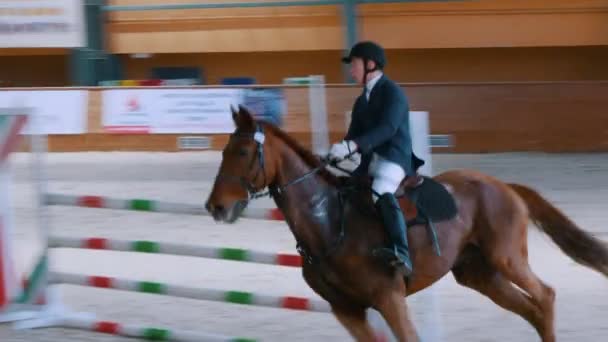 KAZAN, RÚSSIA - 25 de abril de 2018: Campeonato Equestre - Piloto masculino correndo a cavalo sobre obstáculo — Vídeo de Stock