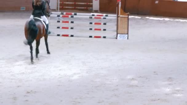 KAZAN, RUSSIA - 25 APRILE 2018: Campionato equestre - La giovane cavallerizza sullo stallone non è riuscita a superare gli ostacoli — Video Stock