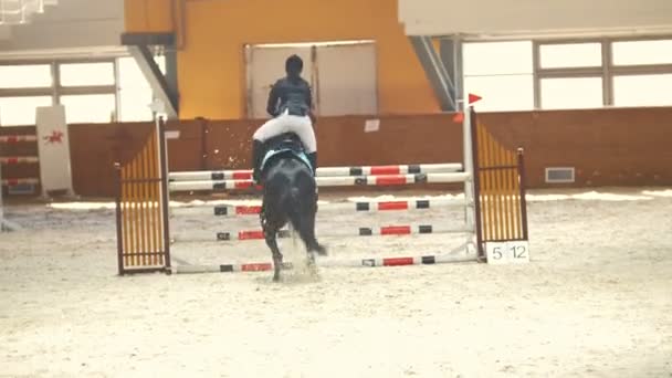 KAZAN, RUSIA - 25 DE ABRIL DE 2018: Campeonato ecuestre - Joven jinete en el caballo realizando saltos por encima del obstáculo — Vídeos de Stock