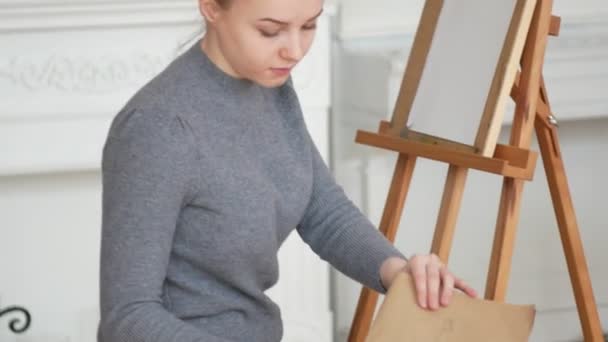 Joven pintora dibuja bocetos en estudio de dibujo — Vídeo de stock