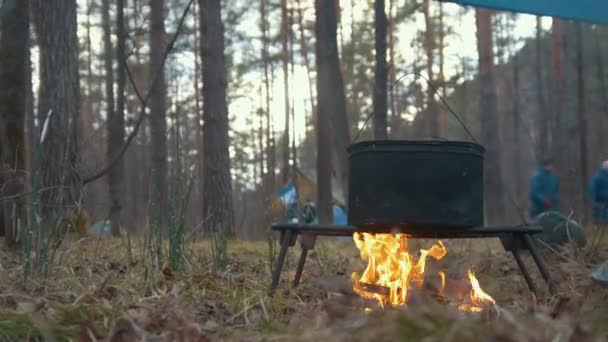 Kochen von Essen im schwarzen Eisenkessel am Lagerfeuer im Wald — Stockvideo