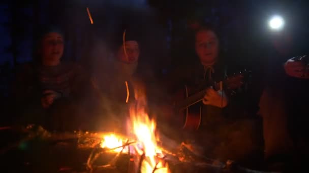 Vrolijke jongeren op het vuur in het bos in de avond, liedjes zingen en gitaar spelen — Stockvideo