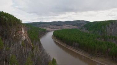Heyecan verici görünümü dağ nehir ve yoğun ahşap bakan