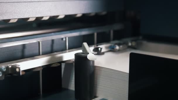 Máquina de impresión de prensa toma hoja de papel en acción en la línea de producción de impresión — Vídeos de Stock