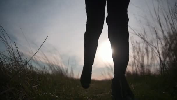 Női lábak fut a fű a nyári naplementében — Stock videók